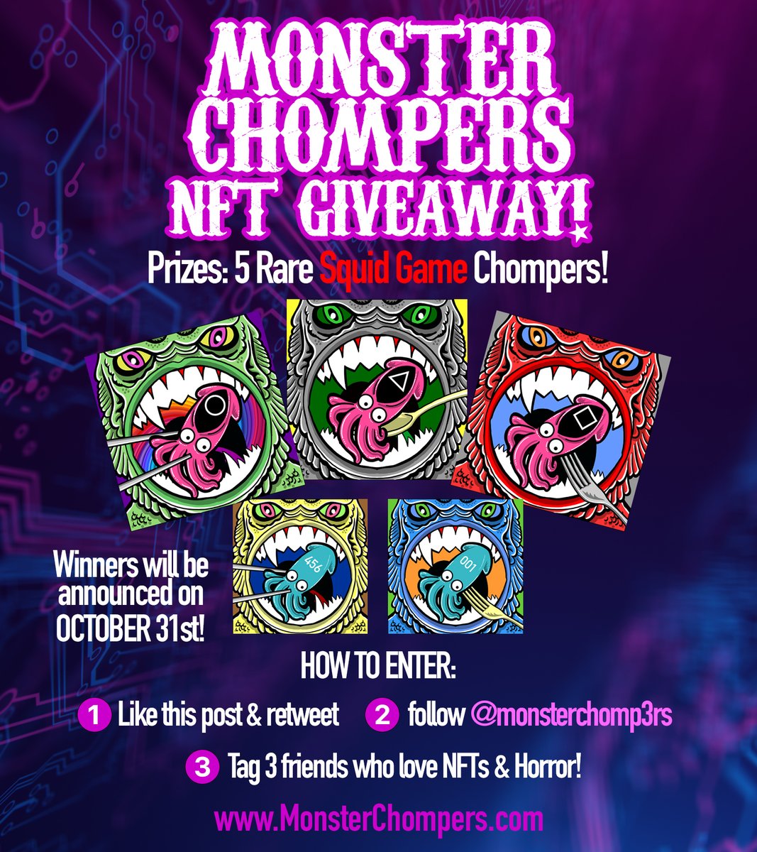 arobert's tweet photo. 🚨 MONSTER CHOMPERS NFT GIVEAWAY 🚨

How to Enter:

🎃 Like &amp; Retweet this post
🎃 Follow @monsterchomp3rs
🎃 Tag 3 friends who love NFTs &amp; Horror

Prizes: 5x Rare Squid Game Chompers!
Winners will be announced on Oct. 31st

#NFTGiveaway #monsterchompers @arobert @WayTooDigital https://t.co/K0V0jHOIJ2