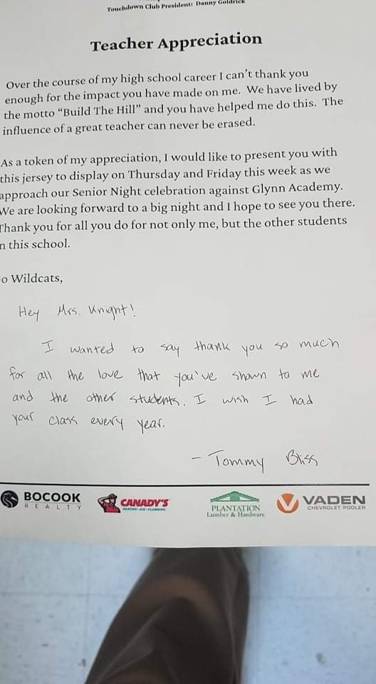 So very honored Tommy chose me out of all his teachers to give his Jersey to in appreciation. I am so proud of how even through adversity last year you kept your head up and striving to get back on the field! I wish you and the entire football the best of luck tomorrow!
