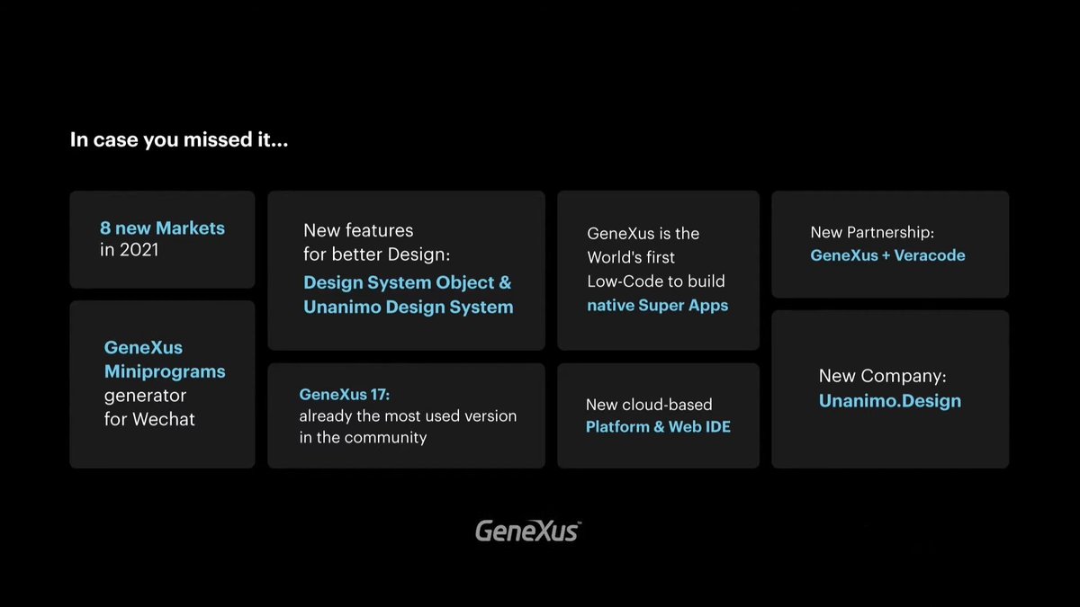 GeneXus's tweet image. In case you missed it! ➡️ GeneXus.com/LIVE Announcements in #GeneXusLive:
✅#Miniprograms 
✅ #SuperApps 
✅#Unanimo Design System
✅ Unanimo.design Company
✅@Veracode Partnership
✅ #GeneXus Web IDE
✅ 8 New Markets!
✅ GeneXus 17: the most used version!