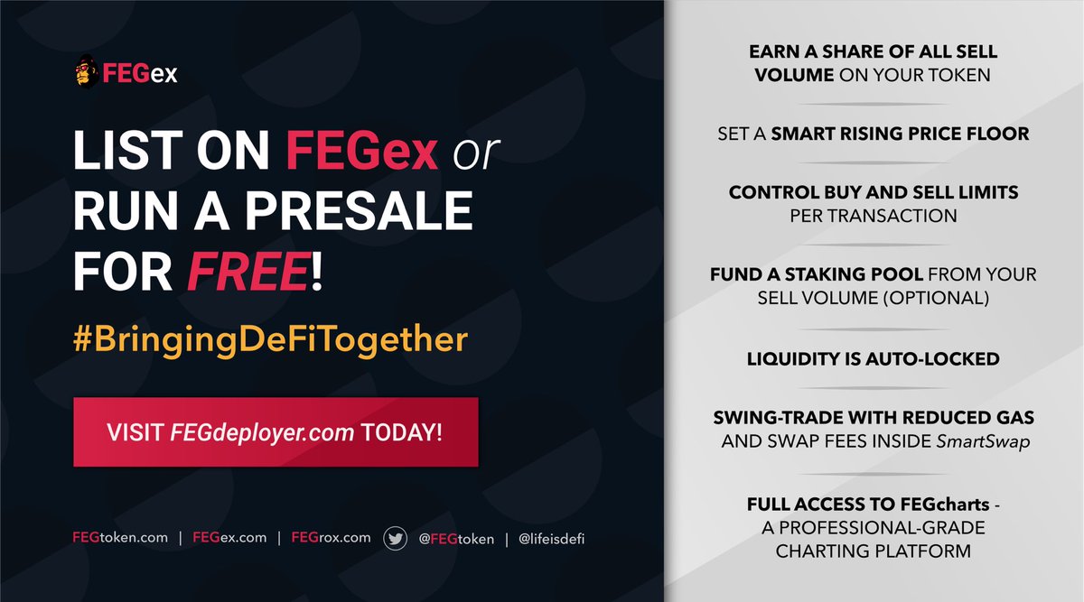 FEGtoken's tweet photo. FEG and the entire #FEGarmy invite @CoPuppy_BSC and @Metafish_Bsc to join #FEGex! 😊

Developers, DM us - we can provide you with more information and the link to a listing support group. #ListOnFEGex

Come with us in #BringingDeFiTogether! 
🚀❤️

#DeFi #crypto $FEG https://t.co/3QaKtnNPBS