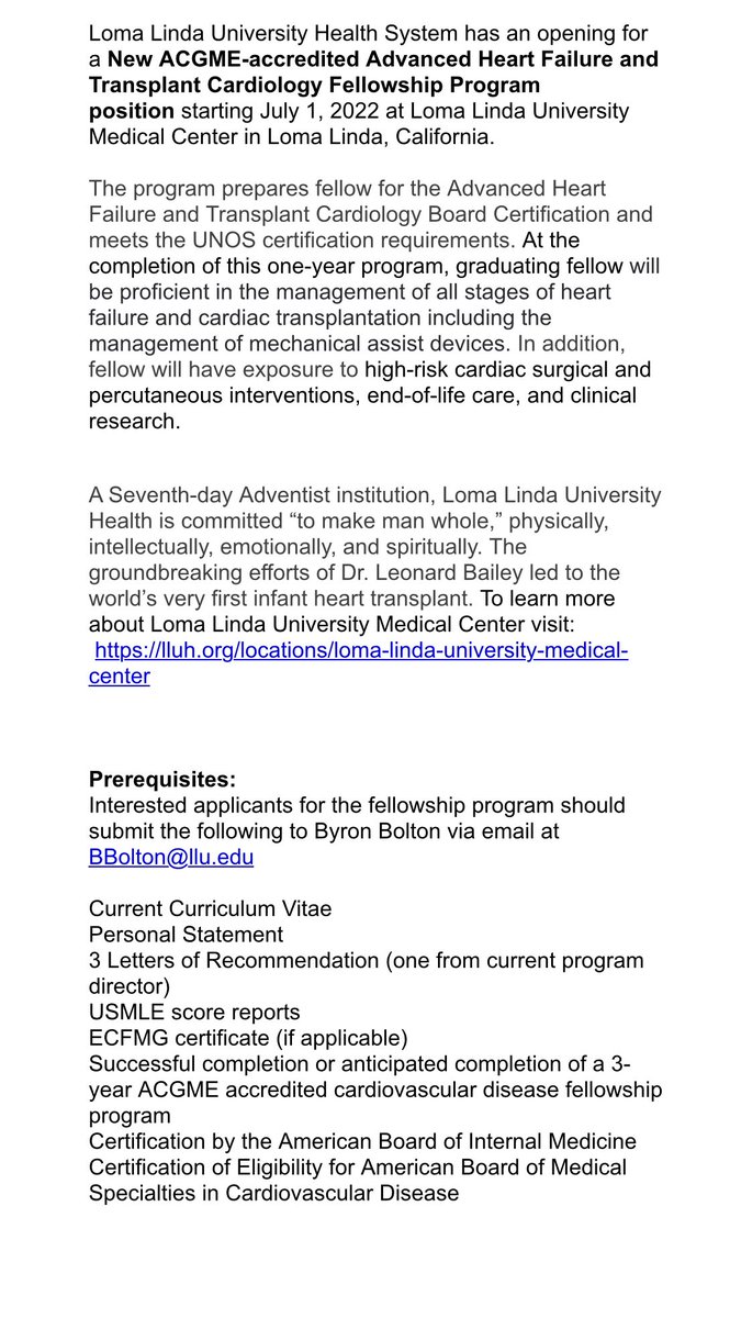 #cardiotwitter family need your help! We have an advanced heart failure fellowship now open <a href="/LLUHealth/">Loma Linda U. Health</a>! With hx of  first infant transplant in the 🌎  program is well equipped for adequate training in CHF, heart transplant and Mx of LVADs. Interested #ACCFIT please apply below!
