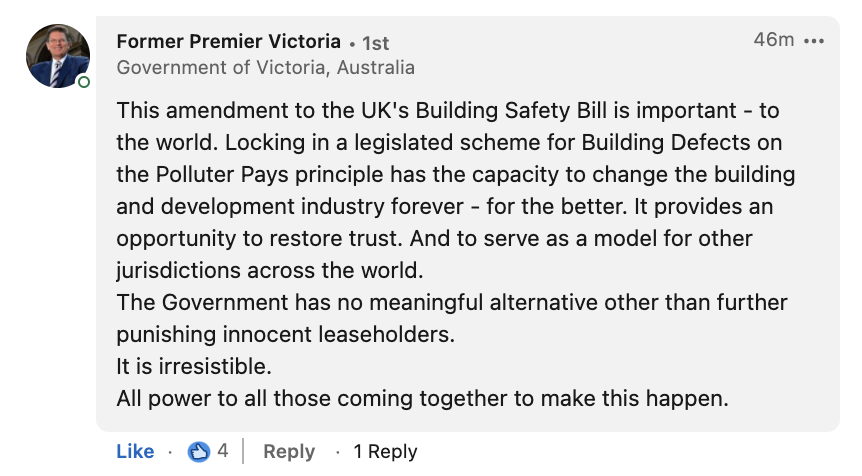 (POLLUTER PAYS GLOBAL CONSTRUCTION REFORM) - Grateful to <a href="/TedBaillieu/">Ted Baillieu</a> for recognising the power of the #PolluterPays amendment to fix construction globally.

<a href="/team_greenhalgh/">Stephen Greenhalgh</a> <a href="/michaelgove/">Michael Gove</a> <a href="/ChrisPincher/">Christopher Pincher</a> - let's get this done!

@JustinWelby <a href="/gtomlin/">Graham Tomlin</a> <a href="/BishManchester/">David Walker</a> <a href="/EOCS_Official/">End Our Cladding Scandal</a>