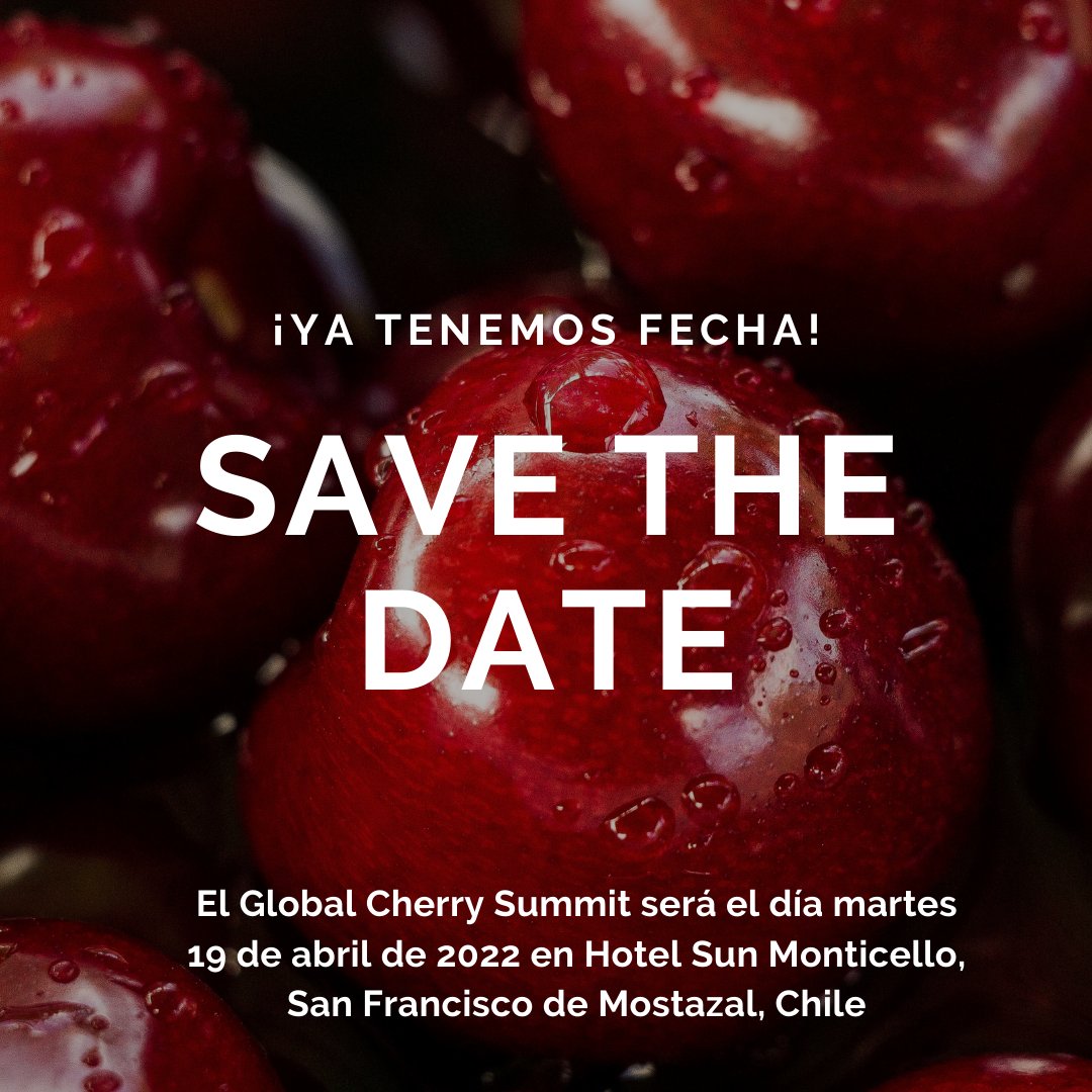 ¡Ya tenemos fecha! 🍒
¡Una fruta única, un evento único! GCS el próximo martes 19 de abril de 2022 en Hotel Sun Monticello, San Francisco de Mostazal, Chile.

Más información acá: globalcherrysummit.com

#Cherry #cereza #summit