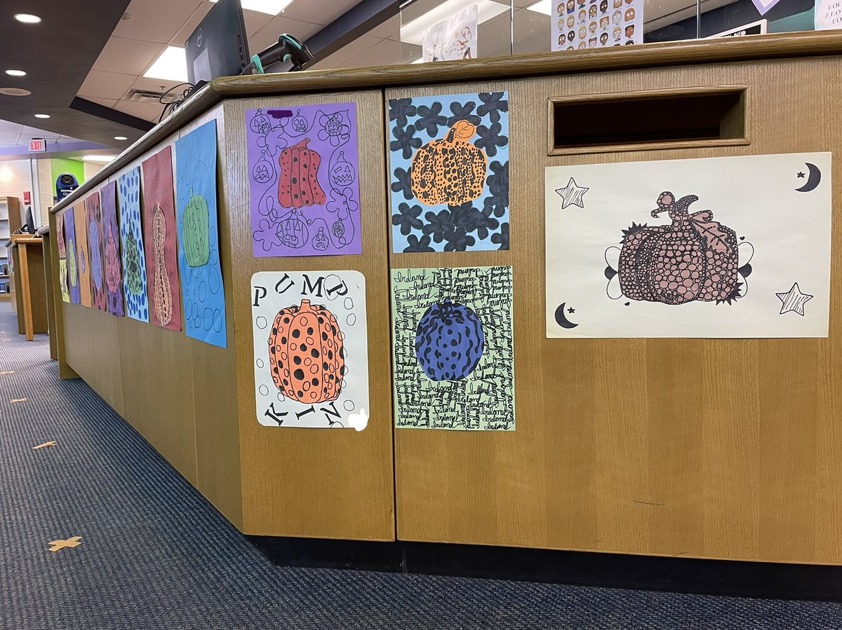 RSMSLibrary's tweet photo. Art Club let us display some of their artwork in the library! Isn’t it GOURDgeous? It really brightens up the Circulation Desk. Thanks for sharing, @AbbyToddRSMSArt 🎃🎨 https://t.co/9firQ59MSI