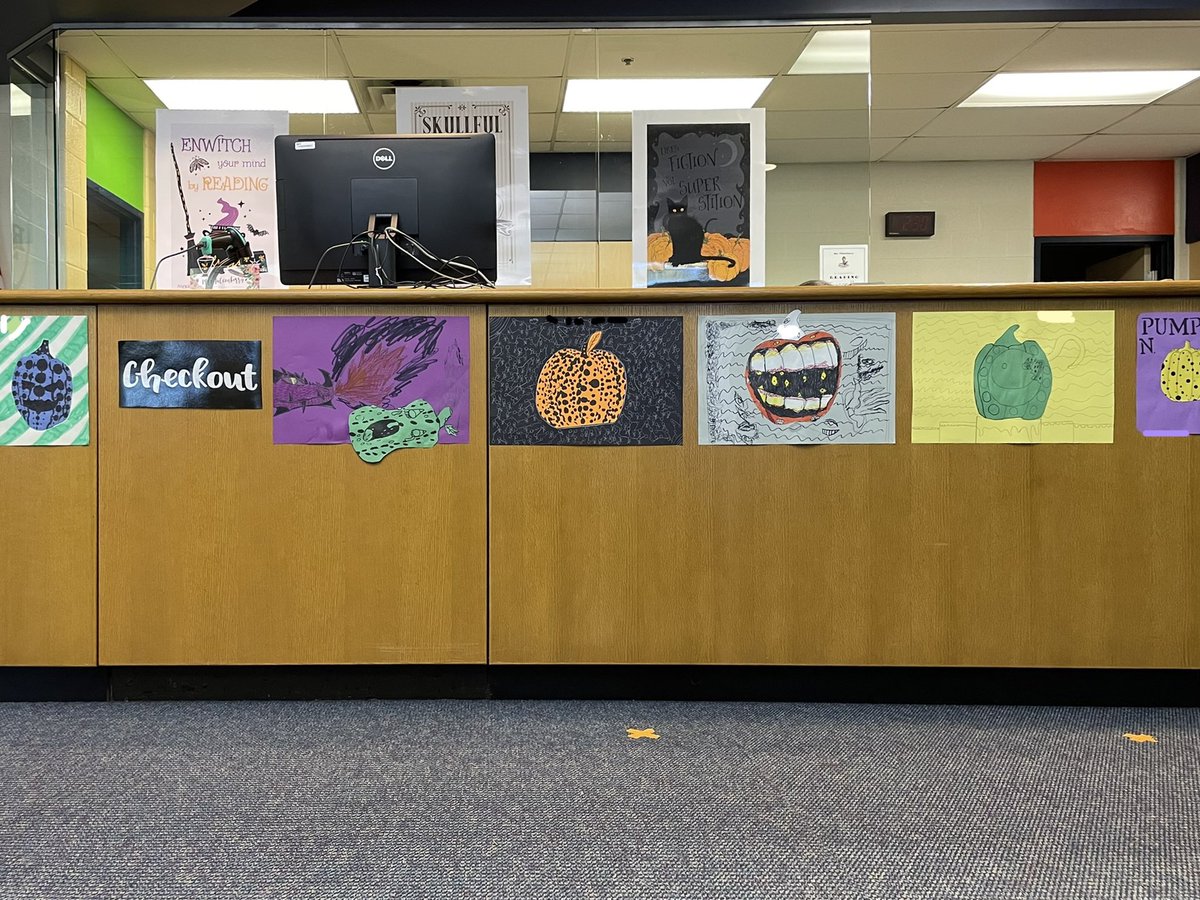 RSMSLibrary's tweet photo. Art Club let us display some of their artwork in the library! Isn’t it GOURDgeous? It really brightens up the Circulation Desk. Thanks for sharing, @AbbyToddRSMSArt 🎃🎨 https://t.co/9firQ59MSI