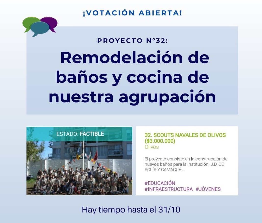 NatiOldecop's tweet photo. ¡Vecinos de la localidad de Olivos! 

Ayúdanos con tu voto para el Proyecto que presentamos para el  Presupuesto Participativo 
#ScoutsNavalesOlivos #Proyecto32 
Entrá acá https://t.co/DiRNMn8wTy https://t.co/vi5TSNuFbT

¡Compartir con sus amigos que tengan domicilio en Olivos ! https://t.co/8z2hvS0F7D