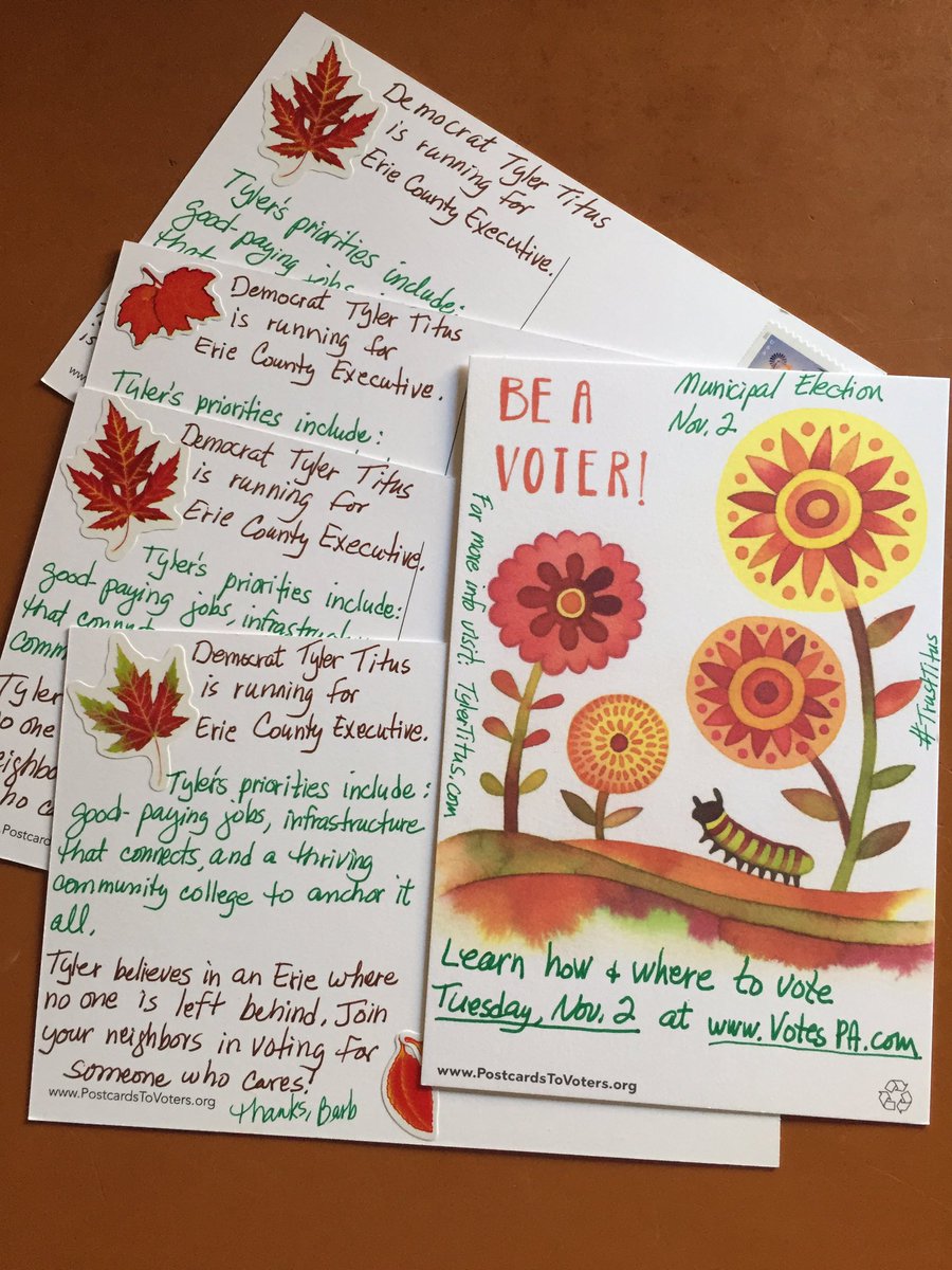 MorBeeK's tweet photo. Postcards going out to support Democrat Tyler Titus for Erie County Executive.   Election is November 2.   #TrustTitus https://t.co/rOgJ4hNg8r #PostcardsToVoters https://t.co/CqukrPxy4O