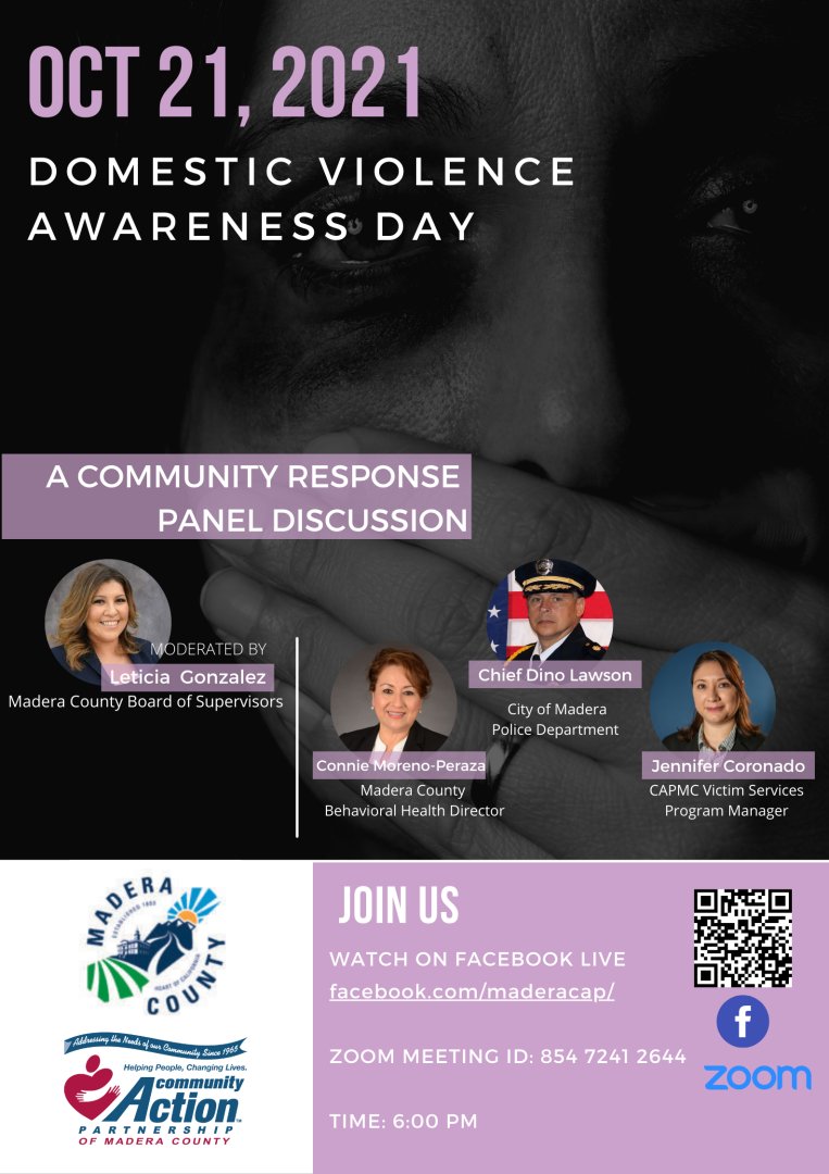 capmadera's tweet photo. Domestic Violence is a real issue in our community, join us as community leaders discuss this important subject. The live stream will begin at 6:00 pm on our Facebook Page. #capmc #domesticviolenceawarenessmonth #wearpurple 💜 https://t.co/fbpxYy1udY