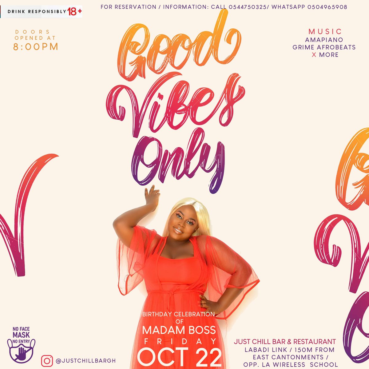 mzjoan2's tweet photo. Let’s vibe  TOMORROW inside Just Chill  Bar &amp; Restaurant - Labadi Link; Opp. La Wireless School #GoodVibesOnly #justChillBar https://t.co/mRibEZogSW