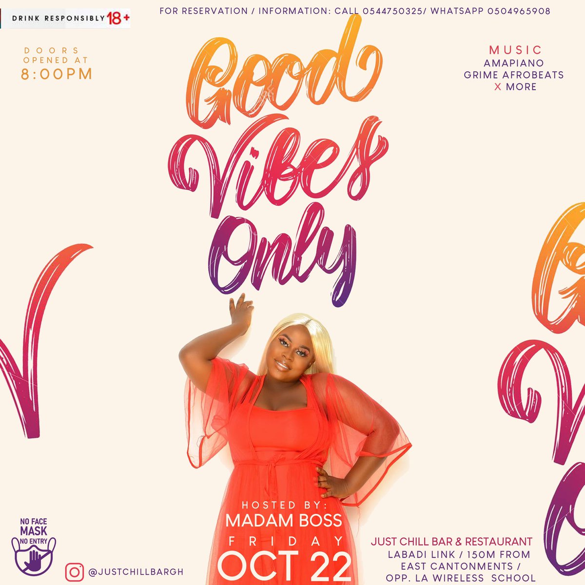 mzjoan2's tweet photo. Let’s vibe  TOMORROW inside Just Chill  Bar &amp; Restaurant - Labadi Link; Opp. La Wireless School #GoodVibesOnly #justChillBar https://t.co/mRibEZogSW
