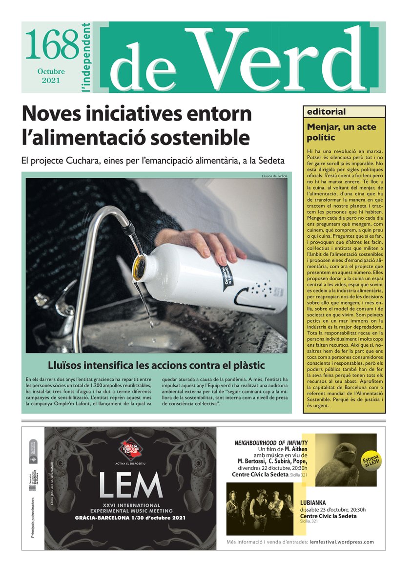 indepe_gracia's tweet image. Busca el suplement #deVerd d'octubre a les pàgines de l'indepe d'aquesta setmana. Temes: El projecte Cuchara, eines per l’emancipació alimentària, a la Sedeta; i @lluisosdegracia intensifica les accions contra el plàstic. Llegeix-lo a independent.cat/en-paper/703/n…