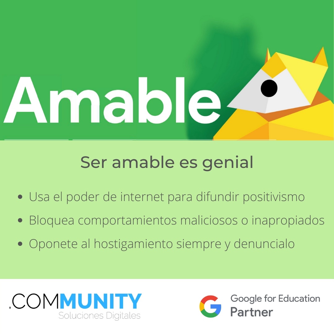 Se amable - Be kind - la convivencia saludable en internet la construimos entre todos. 
Nos interesa la seguridad de los entornos  educativos. Si tu Institución busca asesoramiento visita nuestra página web. 
<a href="/GoogleForEdu/">Google for Education</a>
#seguroseninternet
#educaciondigital
#digicitweek
