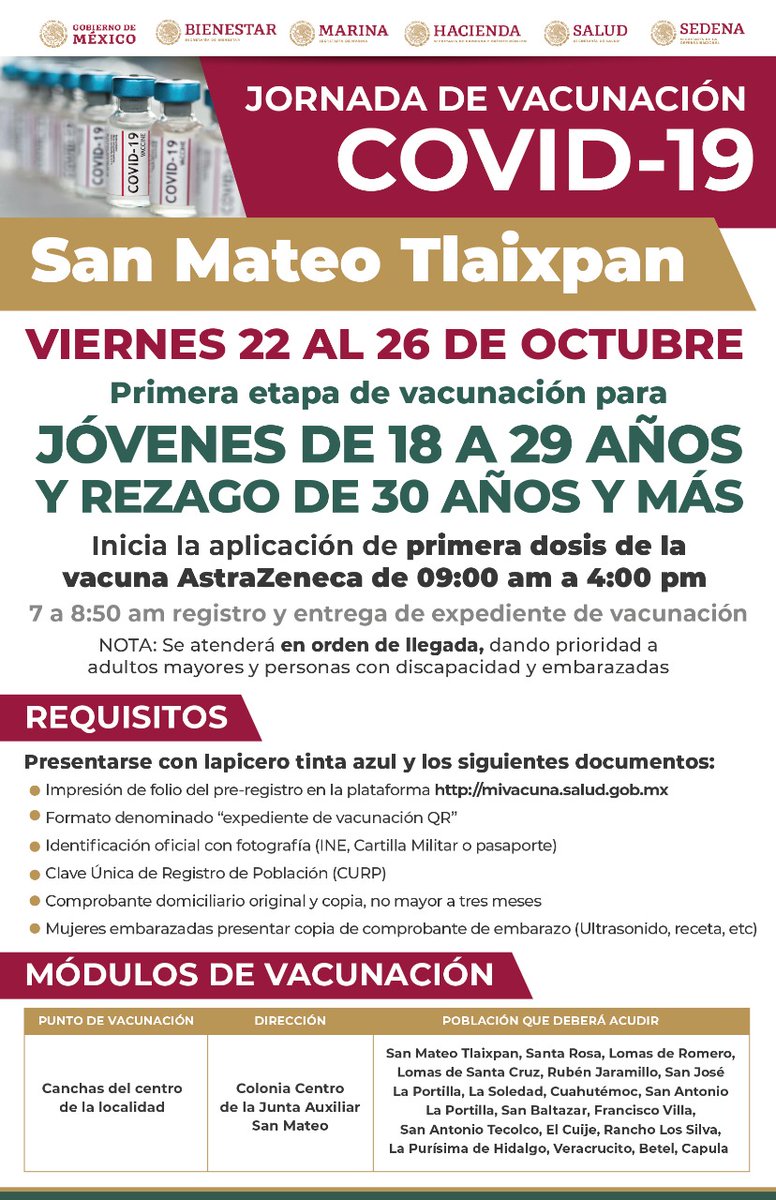 HTecamachalco's tweet photo. Iniciamos la jornada de vacunación el día de mañana en San Mateo Tlaixpan y Tecamachalco. Primera etapa para jóvenes de 18 a 29 años y rezago de 30 años y más.
#JornadaDeTecamachalco https://t.co/ssB9hIv3hl