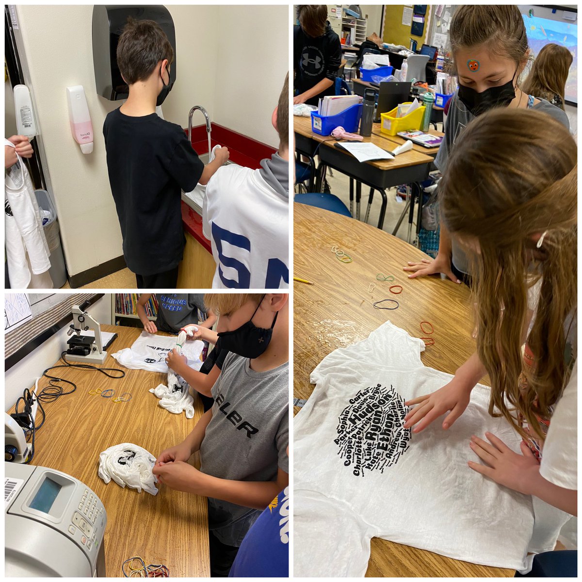 MsPlattnerFifth's tweet photo. These 5th grade @BFESBobcats had fun using the STEAM design process to turn their plain white t-shirts into unique works of art. Special thanks to our parent volunteers who helped with this project. @MrsSunniMeyer @mathfantastical @BFES_art @StefiWickers41 @BethNation_BFES https://t.co/Oy0j1NboJ6
