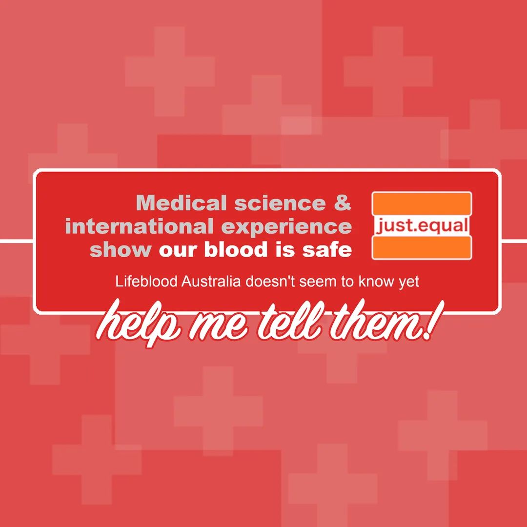 Sign our petition for <a href="/lifebloodau/">lifebloodau</a> to provide a safe blood supply that doesn't unnecessarily discriminate and stigmatise: equal.org.au/our_blood_is_s…

A new Just.Equal Australia report into the latest research &amp; best international practice: equal.org.au/recommendation…
