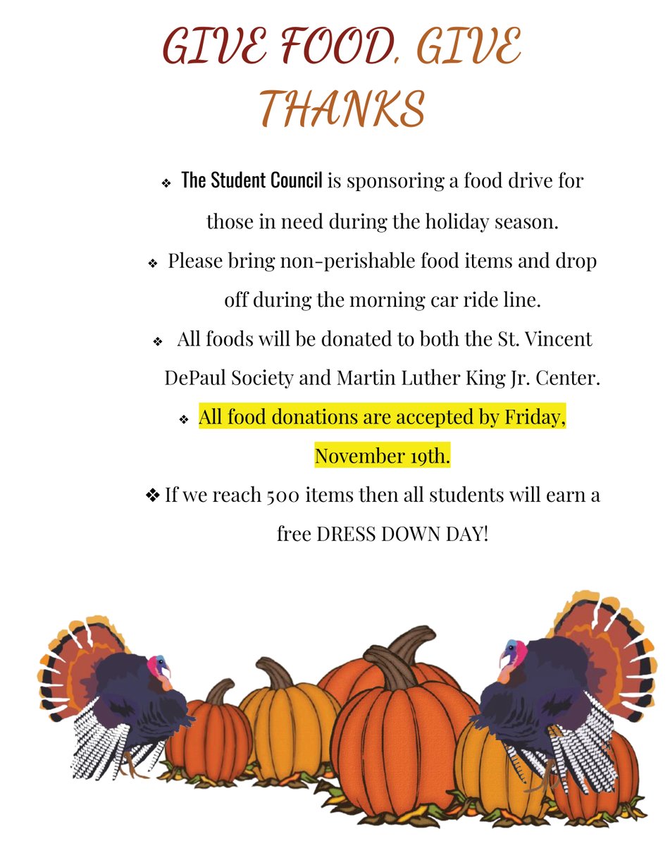 AllSaintsSTEAM's tweet photo. AS²A Student Council is conducting a Thanksgiving food drive to help those in need in our community. Students will be collecting nonperishable food items until Friday, Nov. 19. If we reach 500 items then all students will earn a free DRESS DOWN DAY! Thank you for your generosity. https://t.co/Q0IDgmpAGT