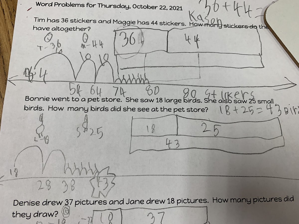 MrsKGreen2's tweet photo. reminded why it is so important 2 let Ss explain their thinking.S solved  18+25 using a #line but started with 18.I asked why he started w/18 &amp; not 25 (>#). S says I look at the ones and there are less ones in 25.  He was thinking more efficiently than I was!! https://t.co/zYUkS50XBp
