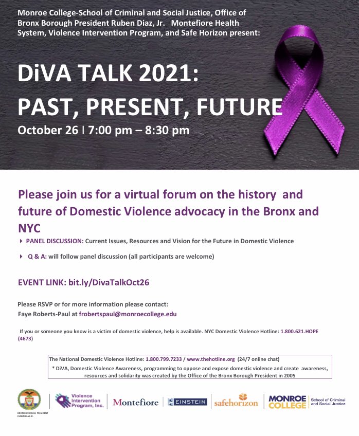 The annual Bronx DiVA talk about domestic violence is a safe space where victims and anyone else affected by this issue can find support and learn about services which may be able to help. This year, the event will be virtual on October 26th.