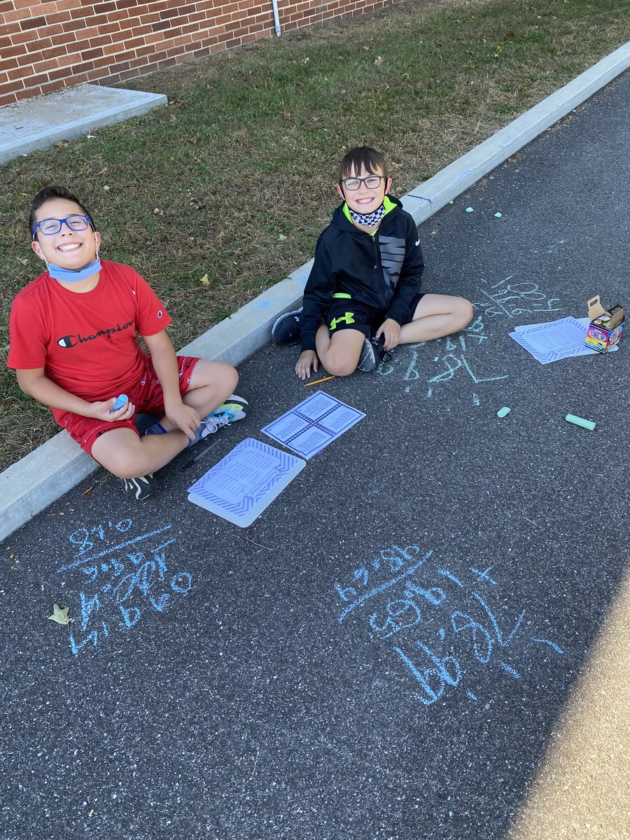 _Sara_Bender's tweet photo. Took advantage of the nice weather and brought our math lesson outside! Students used sidewalk chalk to solve decimal addition and subtraction word problems. #northbabylon #teachnb #lovetoteach #funin5thgrade https://t.co/UhLkQ6J4iM