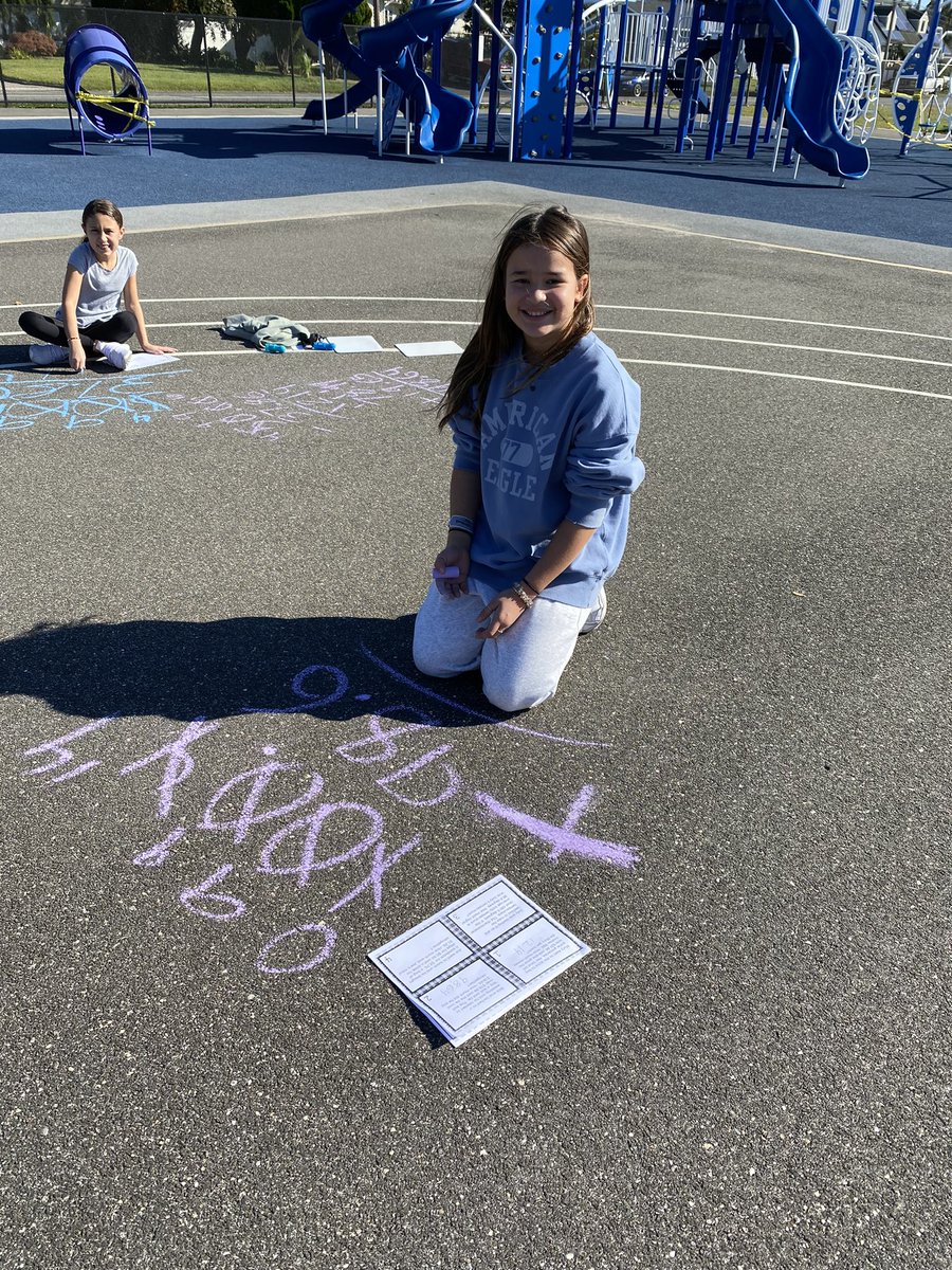 _Sara_Bender's tweet photo. Took advantage of the nice weather and brought our math lesson outside! Students used sidewalk chalk to solve decimal addition and subtraction word problems. #northbabylon #teachnb #lovetoteach #funin5thgrade https://t.co/UhLkQ6J4iM