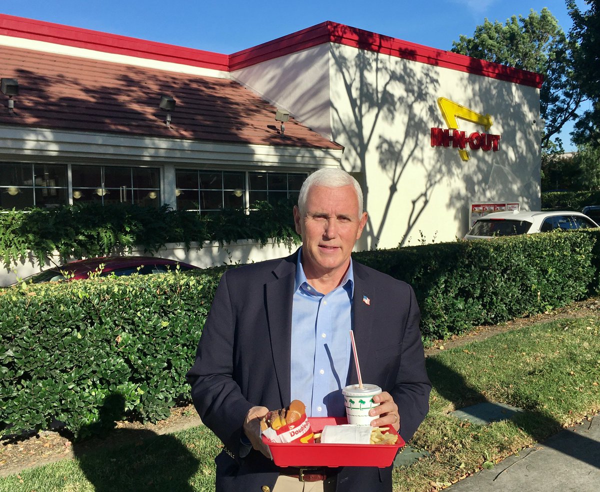 Mike_Pence's tweet photo. In California and had to stop at In-N-Out Burger! 🇺🇸 https://t.co/3UdzaOcWMV