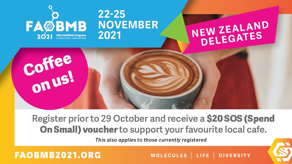 📢 Calling on all New Zealand delegates…. It’s disappointing we can’t meet in-person, but we would still like to offer you a coffee.
Register prior to Early Bird closing - Friday 29 October and recieve a $20 SOS (Spend On Small) voucher, to spend at your local favourite cafe. ☕️