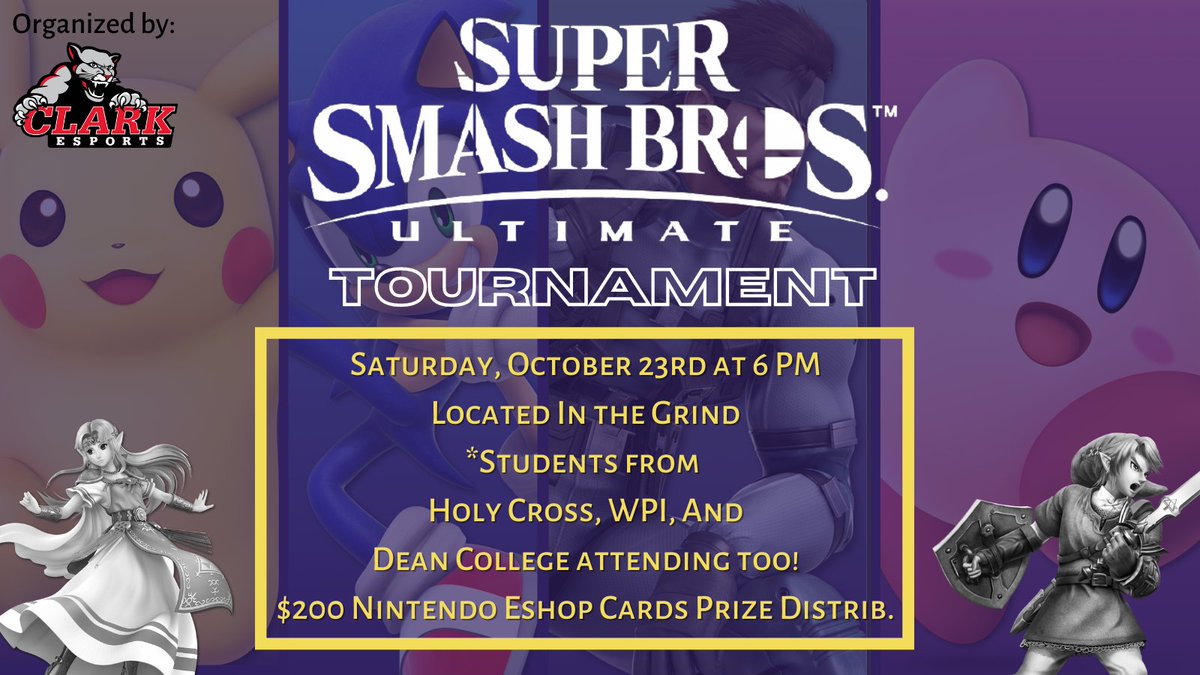Clark_Esports's tweet image. We're hosting a Clark Smash Ultimate tournament with our friends at @WPIEsports @holy_cross @DeanCollege this Saturday!