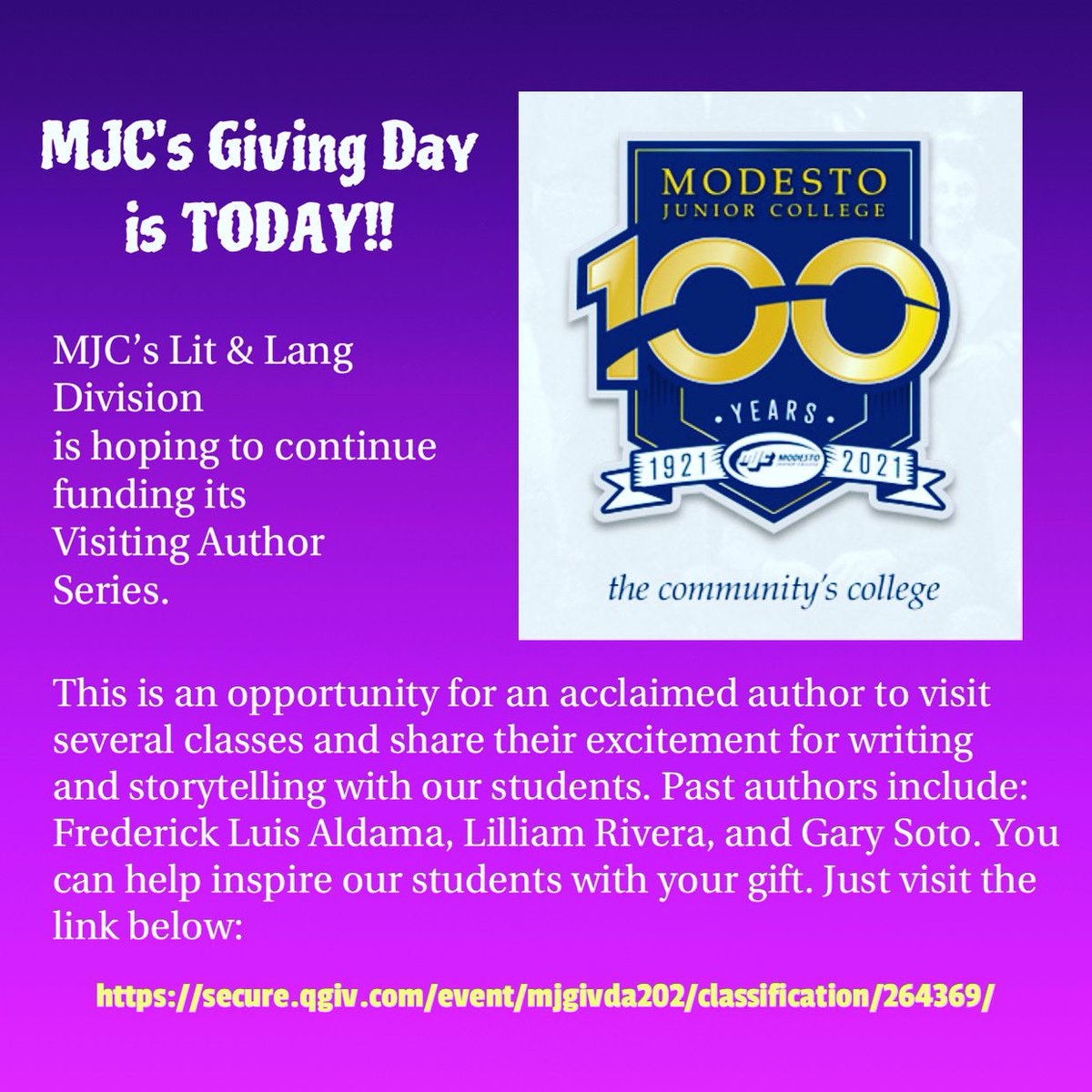 MJC’s Giving Day 10/21/21 is TODAY! 
Please help bring more talented, inspiring authors to our campus in 2022 for our Visiting Author series.
Donations are tax-deductible and every dollar amount can help, so please donate and share. Please go to: secure.qgiv.com/event/mjgivda2…