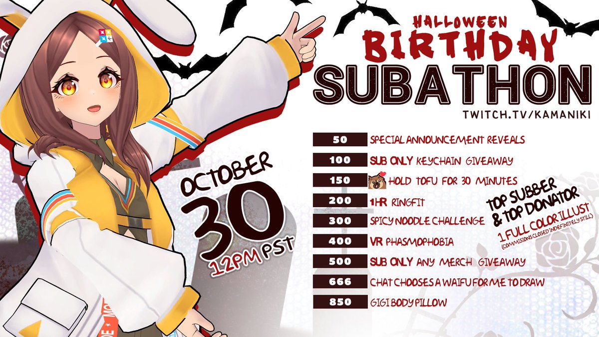 📢Halloween Birthday!!
I'll be doing a subathon! There will be big reveals this following week, so look forward to it!

🗓️October 30 @ Twitch
🕛12PM PST
⏱️12+ Hours, can be extended!! 