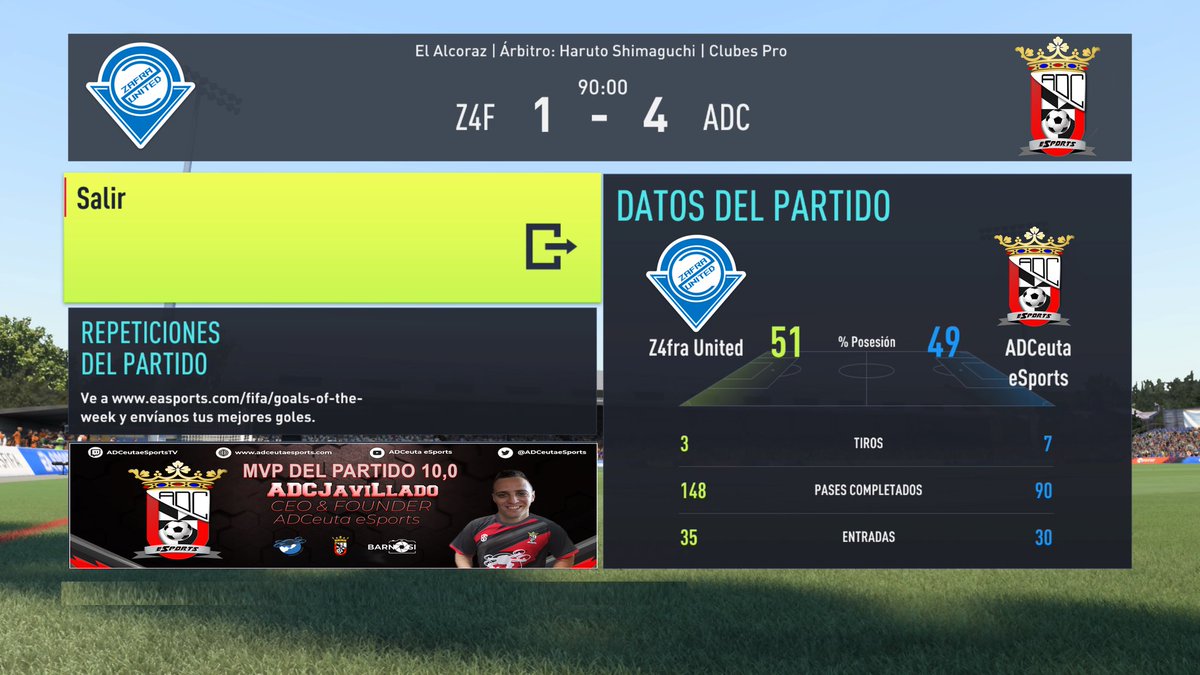 ⚽️ RESULTADOS ⚽️21/10/2021🗓

📅 Jornada 1 @LigaProClubes1
🏟 <a href="/ZafraUnited/">𝐙𝐀𝐅𝐑𝐀 𝐔𝐍𝐈𝐓𝐄𝐃 🎮</a> 1-4 @ADCeutaeSports

⚽ 2x @ADCJaviLlado, <a href="/Merino9Joselito/">JoselitoMerino9</a> y <a href="/Vaqueriiinho/">𝙑𝙖𝙦𝙪𝙚𝙧𝙞𝙞𝙣𝙝𝙤👑</a> 

👟 3x <a href="/Merino9Joselito/">JoselitoMerino9</a> 

🏆 MVP @ADCJaviLlado 

👉 Increíble trabajo del equipo que demuestra el buen trabajo en la pretemporada