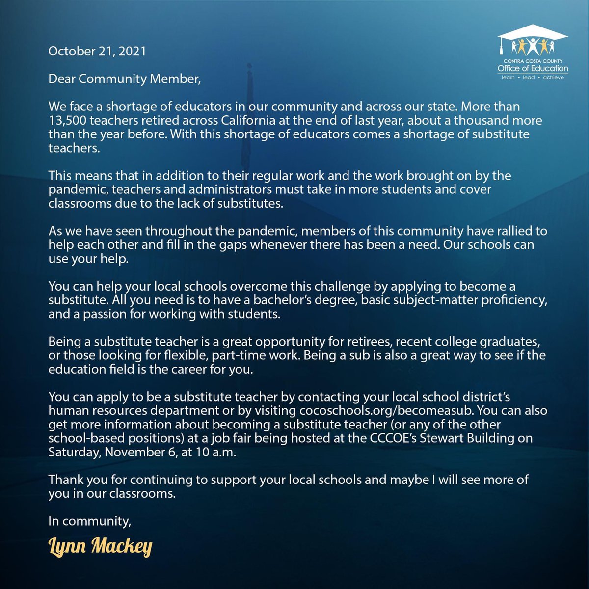 CoCoSchools's tweet image. A message from County Superintendent of Schools, Lynn Mackey #CCCOEAchieves #CCCOEStrong