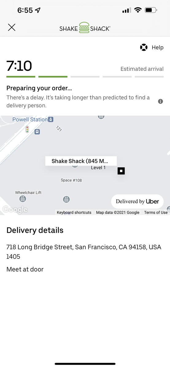 nunosanches's tweet photo. @shakeshack yesterday after 2h of these messages the order was not delivered and eventually cancelled and I ended up with no dinner. Today trying again and getting same message once more. Is this gonna end up the same way? 😞 this is in San Francisco Market shake shack https://t.co/XTb61DN6Fx