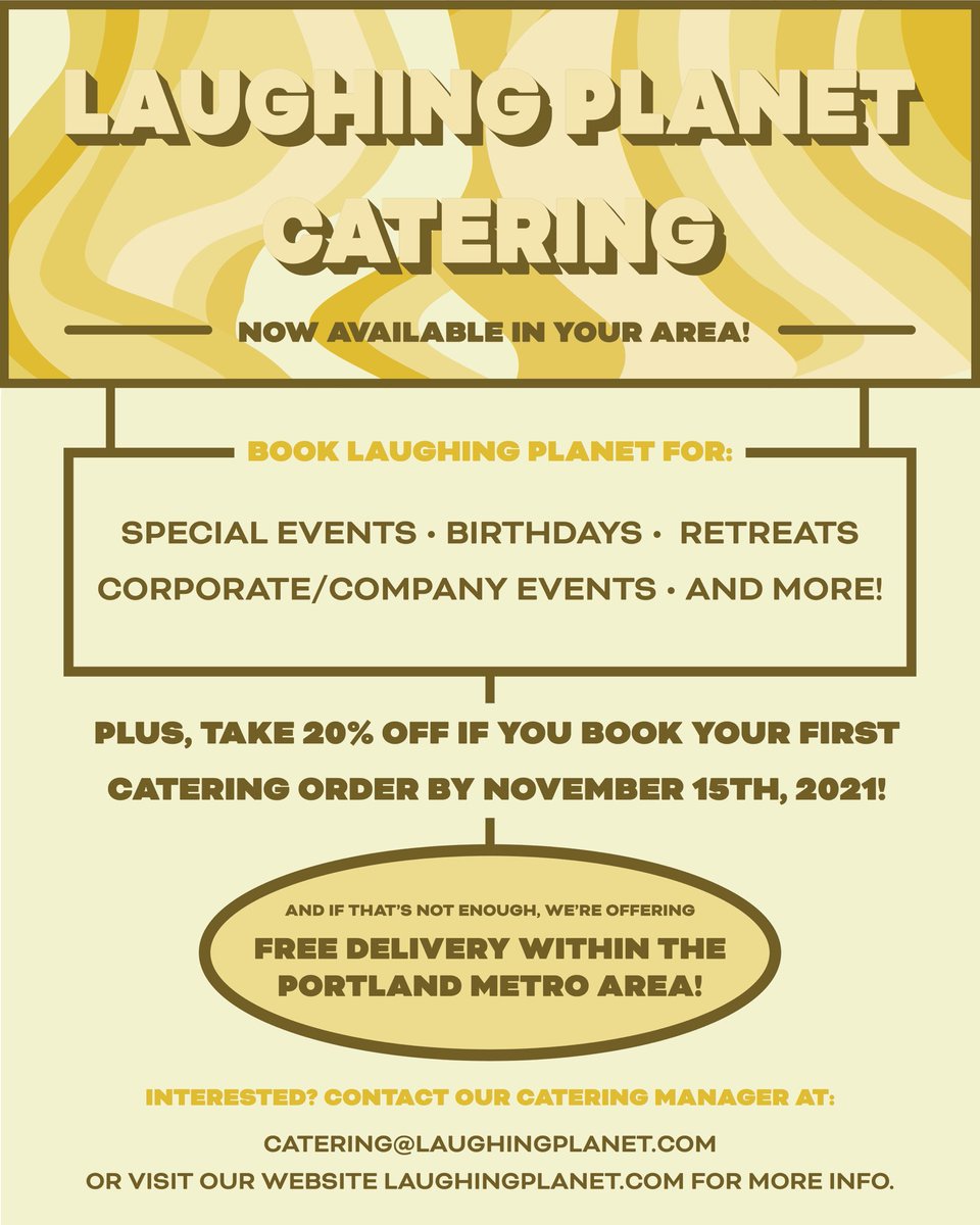 Tired of no-shows at your annual company event? Let Laughing Planet handle the hassle of catering it. They’ll come for the food and may even stick around long enough to say “hi" to the boss once he’s had a few…burritos ;)