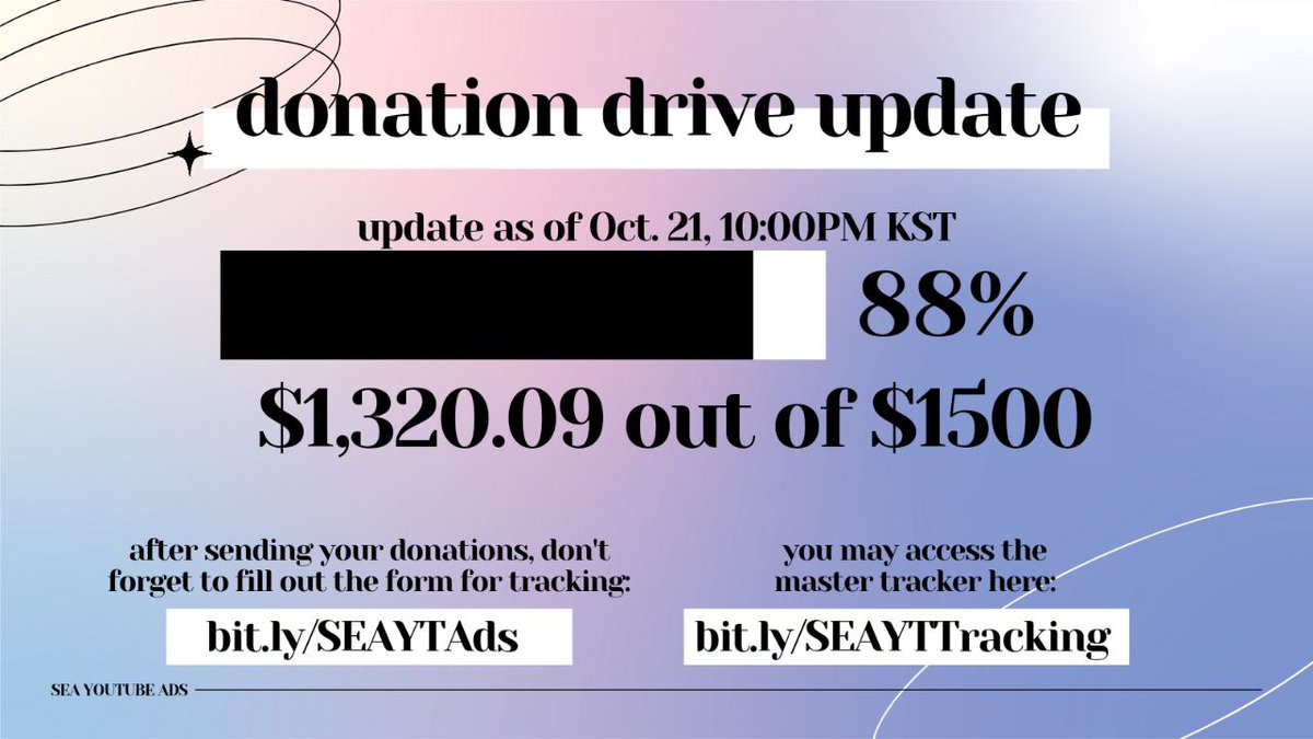 [YOUTUBE ADS DONATION PROGRESS]

The amount of donation we received as of October 21, 10PM KST. Big Thanks for the donors!❤️

Carats never dissapoint us❗just a bit more we can get our goals and surpassed it🔥

More info➡️ bit.ly/SEAYTAds

@pledis_17 #세븐틴 #SEAYTforSVT