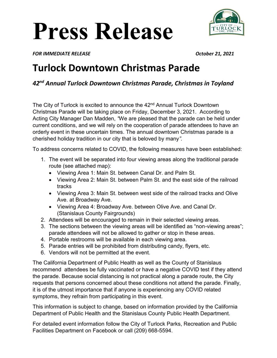 TurlockFire's tweet photo. **PRESS RELEASE**
Turlock Downtown Christmas Parade
#Turlock #TurlockFire https://t.co/iHpvHmgYkn