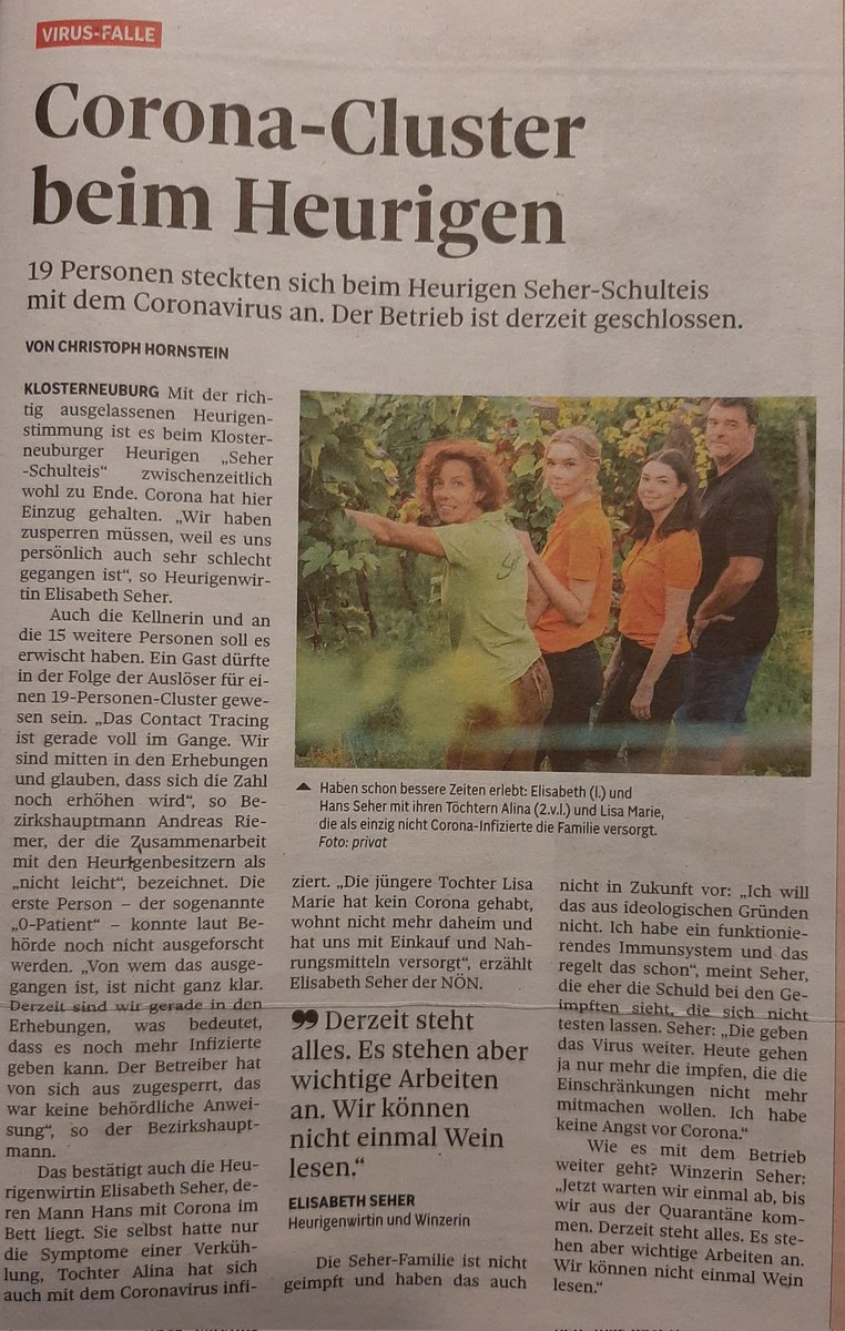 Wirtin ist Impfgegnerin weil sie ein gutes Immunsystem habe und bei ihr stecken sich mindestens 19 Personen an, keine Einsicht und jammern, dass sie nicht weinlesen kann...0 Einsicht. Ich pack's nimmer.