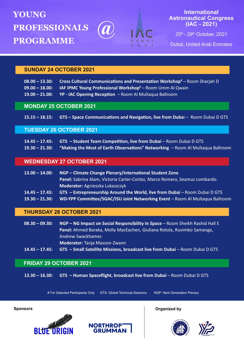 Greetings, <a href="/iafastro/">IAF</a>  Young Professionals, the final program is listed below. Don't miss the opportunities and networking benefits that #IAC2021 has to offer.  The events commence on Sunday, October 24, 2021. See you there👍😀