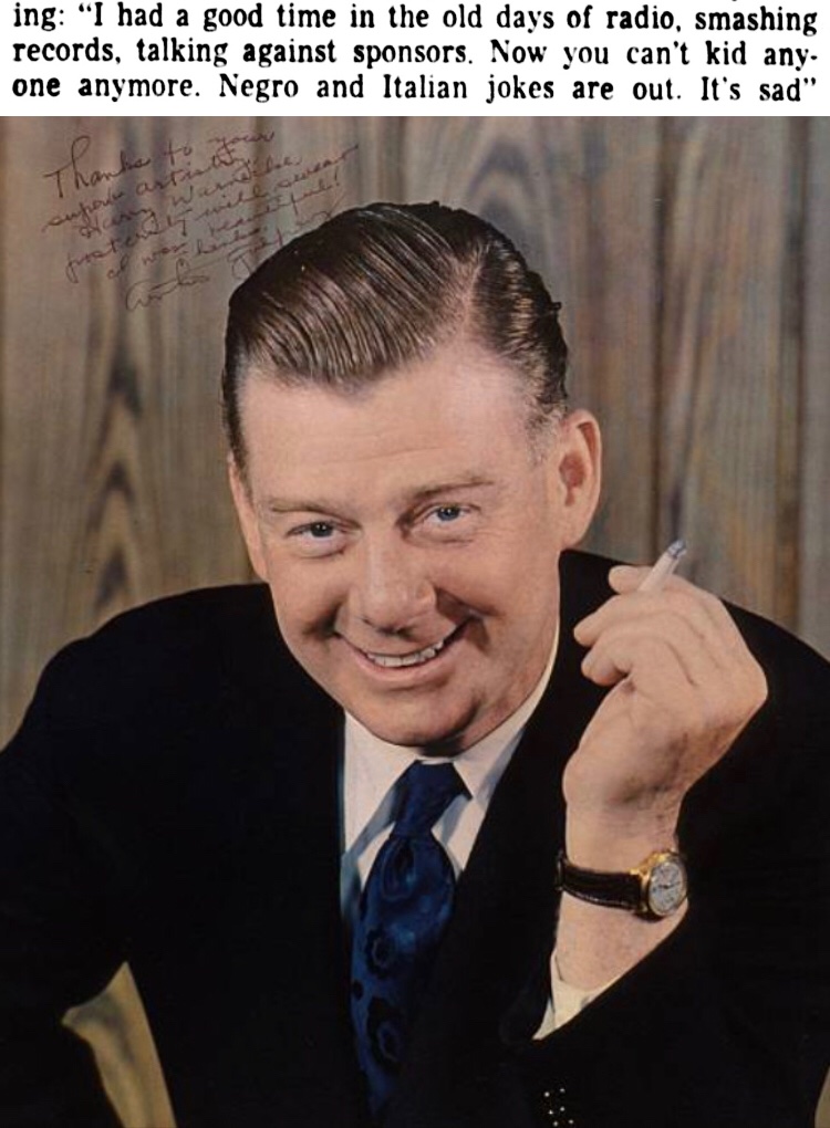 1962. The broadcaster Arthur Godfrey complained, “Now you can’t kid anyone anymore. Negro and Italian jokes are out. It’s sad.”