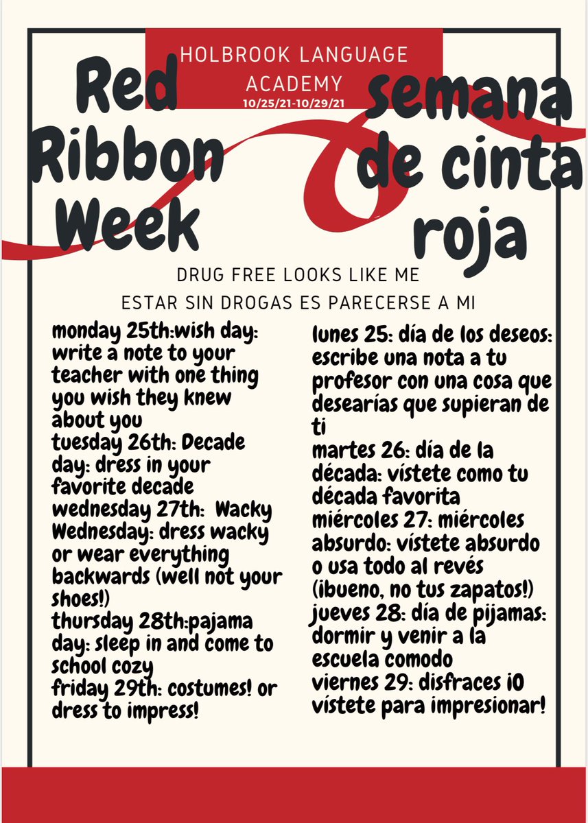 HolbrookPfc's tweet photo. #drugfreelookslikeme Red Ribbon Week is coming next week! #HOLAJETS let’s get together next week to say #notodrugs and participate in this Spirit week/ #estarsindrogasesparecerseami La Semana de la Cinta Roja viene ya! #HOLAJETS participemos en decir #noalasdrogas juntos! https://t.co/SfPqWRUcdL
