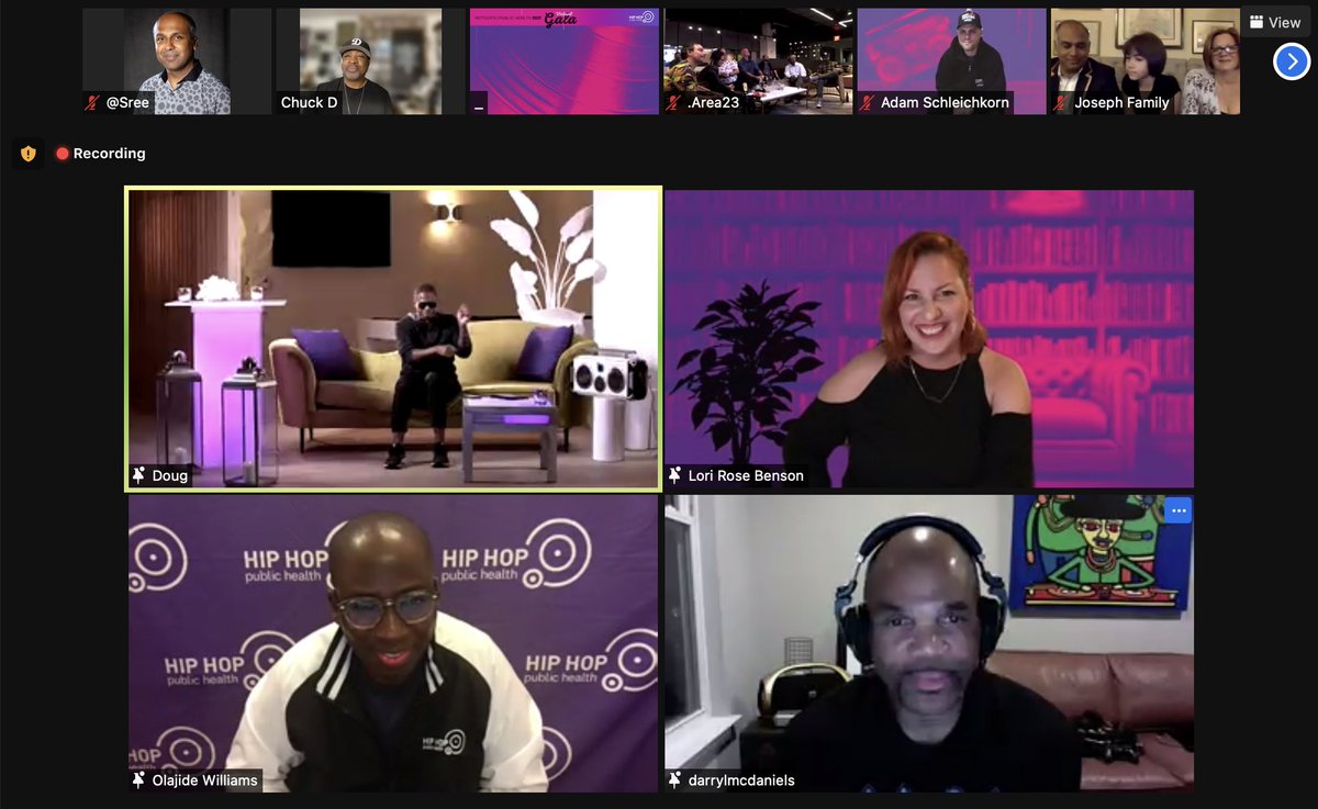 sree's tweet photo. Am pinching myself. In a @Zoom room with hip hop royalty, thanks to @hhphorg's #RemixingPublicHealth gala. Next to me is @MrChuckD and on screen: @RealDougEFresh @THEKINGDMC. And my friends @lorirosebenson and Dr Jide Willaims, of course! 
Donate, y'all: https://t.co/pTaSMdPMY7 https://t.co/VvjnFhzCbK