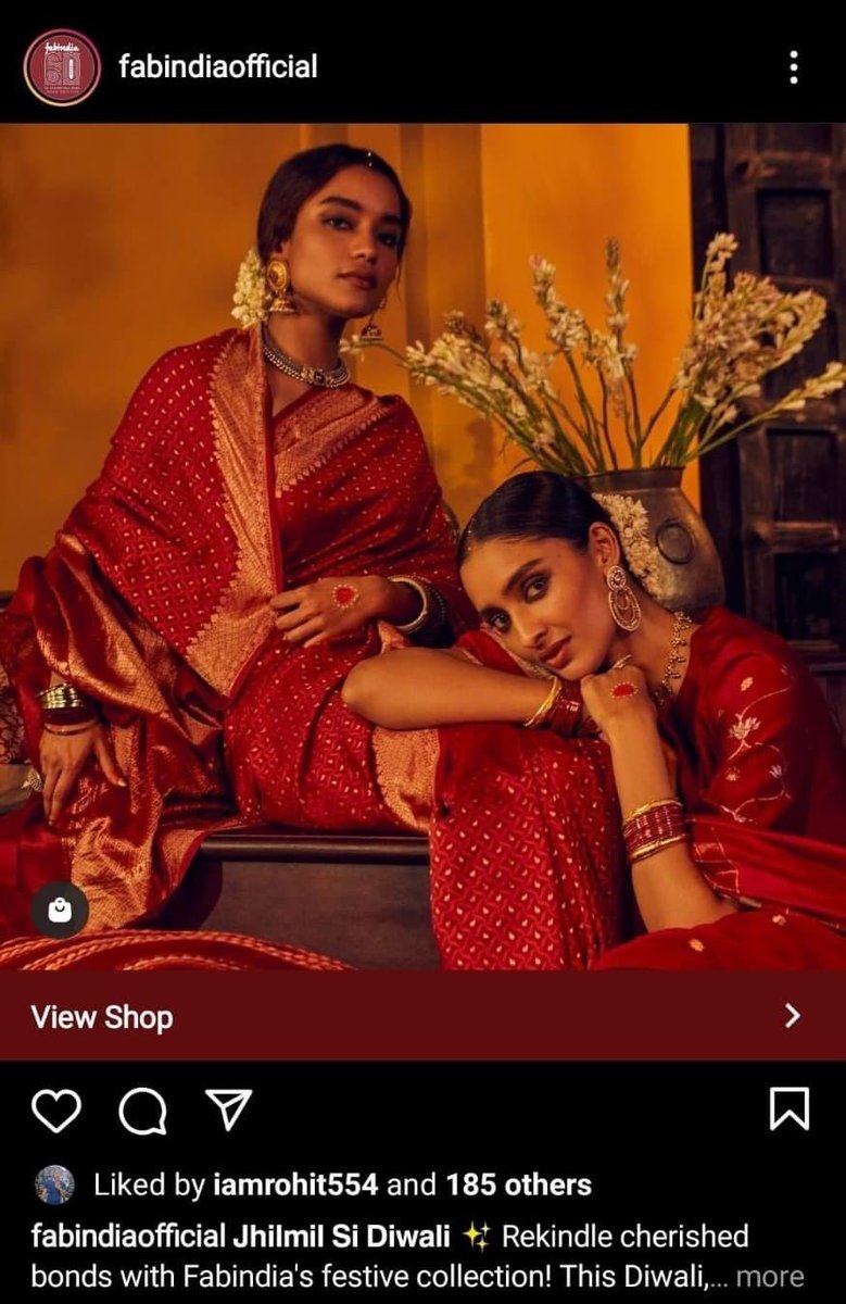 Awww <a href="/FabindiaNews/">Attacker</a> gets inspired by <a href="/myogiadityanath/">Yogi Adityanath</a> and renames Jashn-E-Riwaaz to Jhilmil Si Diwali. One of the models starts smiling, and there is auspicious alta on the hands. Still NO #Bindi, therefore, #NoBindiNoBusiness!