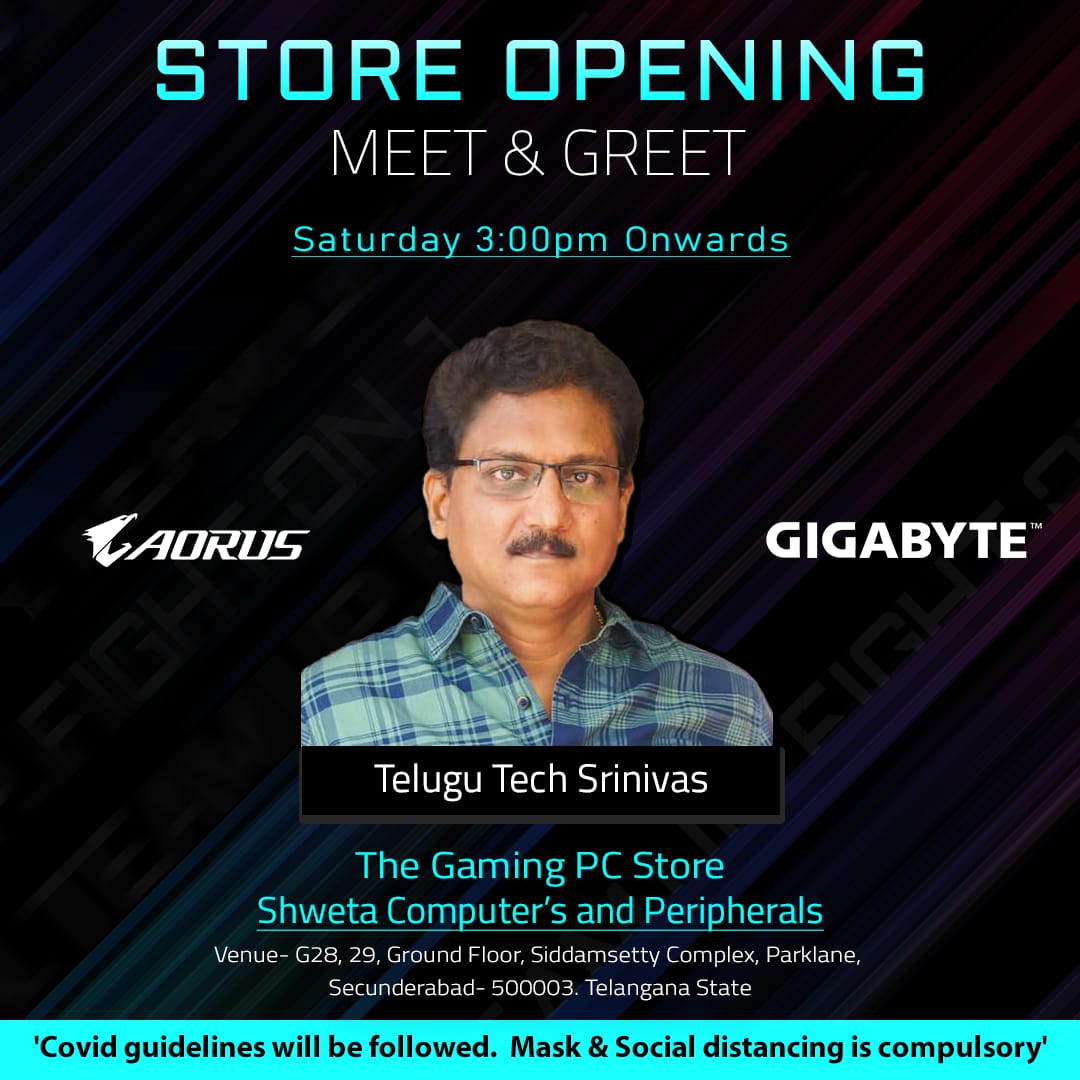 telugutechsrinu's tweet photo. New Gigabyte Biggest Gaming Store launch in Hyderabad on 23rd Oct, all details in the invitation. 
Looking forward to meet you all 👍
.
.
#gigabyte #gigabytegaming #pcstore #computerstore #Hyderabad https://t.co/DUzJW6ldPt