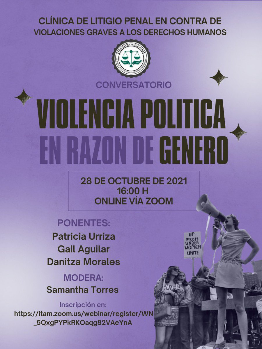 ClínicaDeLitigioPenalITAM (@cpenalitam) on Twitter photo ¿Adivinen qué? Tenemos nuevo conversatorio para hablar sobre VIOLENCIA POLÍTICA EN RAZÓN DE GÉNERO.
Estamos muy contentas de contar con la presencia de <a href="/PatyUa/">Paty Urriza</a> <a href="/Gail_AC/">Gail Aguilar</a> y <a href="/danitzamoralesg/">Danitza Morales Gómez</a>
Les esperamos 💜:
itam.zoom.us/webinar/regist… ¿Adivinen qué? Tenemos nuevo conversatorio para hablar sobre VIOLENCIA POLÍTICA EN RAZÓN DE GÉNERO.
Estamos muy contentas de contar con la presencia de <a href="/PatyUa/">Paty Urriza</a> <a href="/Gail_AC/">Gail Aguilar</a> y <a href="/danitzamoralesg/">Danitza Morales Gómez</a>
Les esperamos 💜:
itam.zoom.us/webinar/regist…