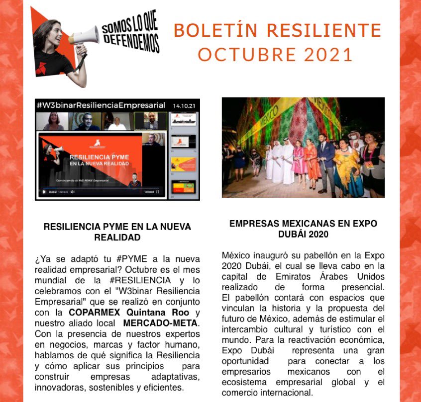 ResilienceStra2's tweet photo. El #BoletínR3siliente de octubre, celebra la Resiliencia con la @CoparmexQRoo y MERCADO META. México en @expo2020dubai, Suiza y reactivación en México, @CONCAMIN y su nuevo presidente. Esto y más en: https://t.co/oQd7Bm3De3 Juntos Somos Poderosos. #SomosLaResiliencia https://t.co/cVBodmzdIL