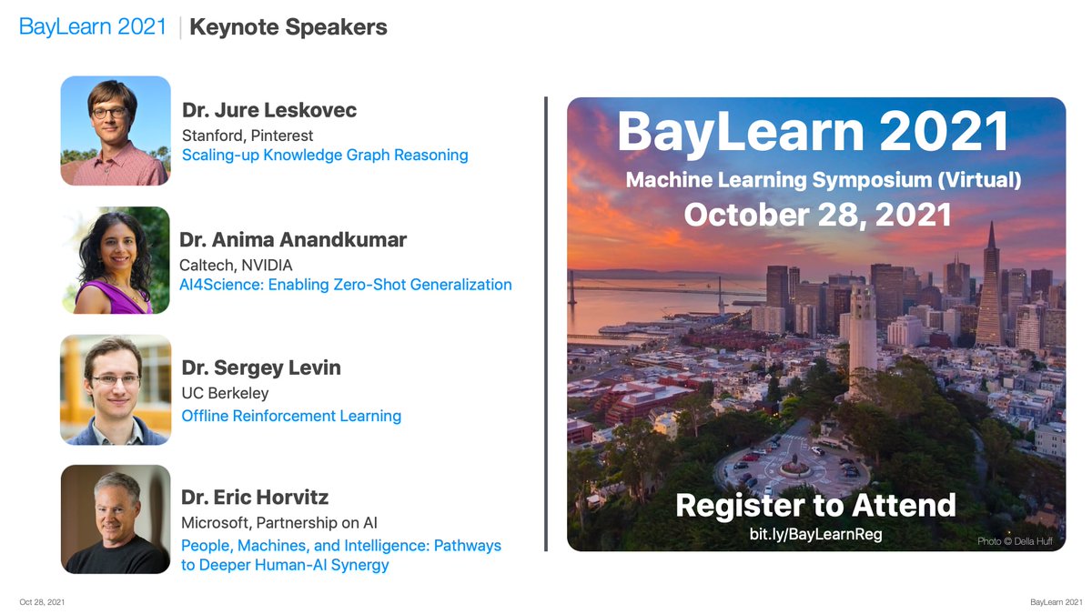BayLearnOrg's tweet image. BayLearn 2021 is next week - Thu, Oct 28th! We have outstanding speakers: @jure, @erichorvitz, @svlevine, and Anima Anandkumar along with several interesting posters.
Please register at: 
baylearn2021.splashthat.com