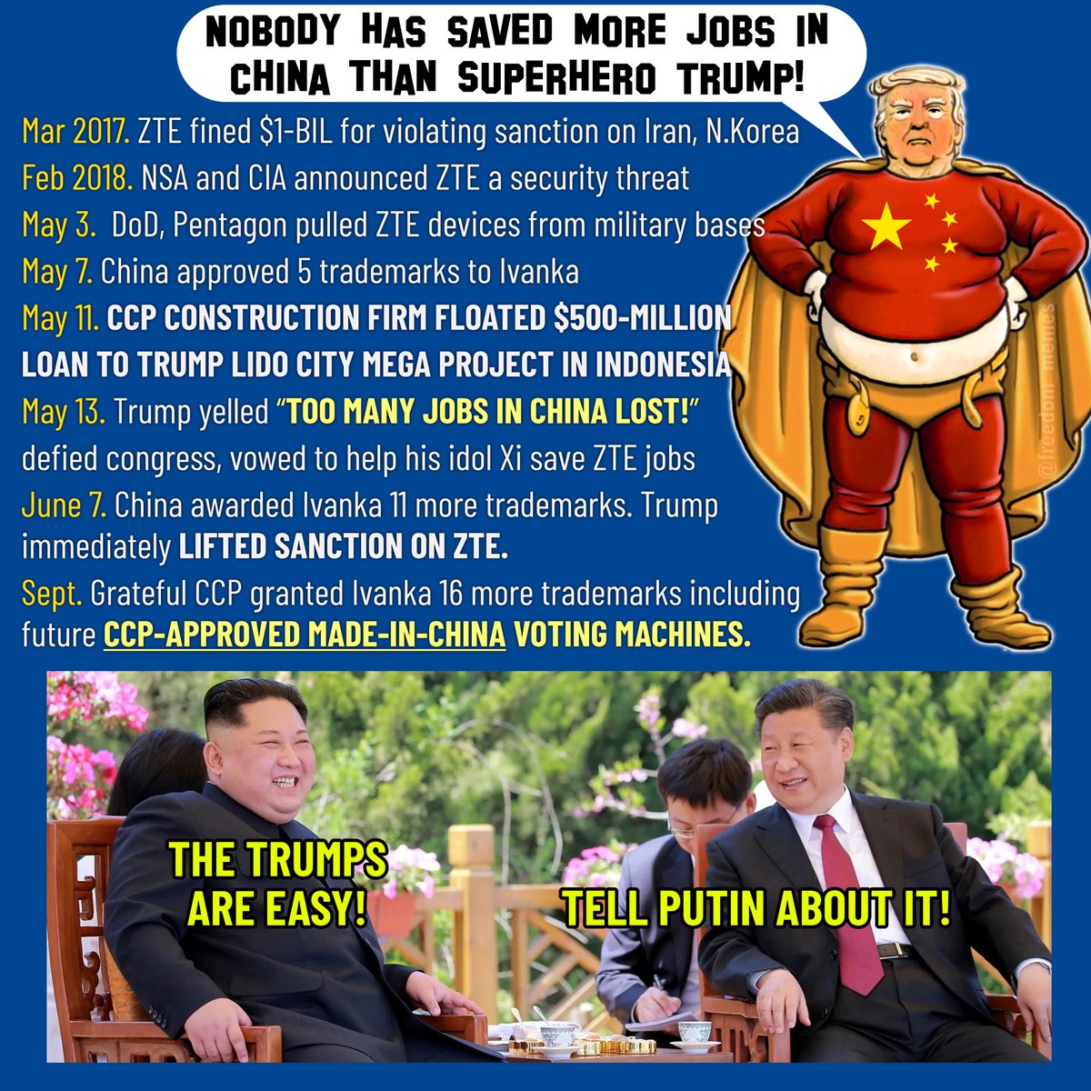 PinkPurpleBlu12's tweet photo. @FoxNews Yes. Biden has honor. His words carry weight. Unlike GOP's Traitor in Chief. Remember Trump bragged about helping Xi save ZTE jobs in China? Remember Ivanka trademarks and Trump Indonesia hotel project receiving CCP loan during trade talk? Yep. https://t.co/PgHEHfnGDq