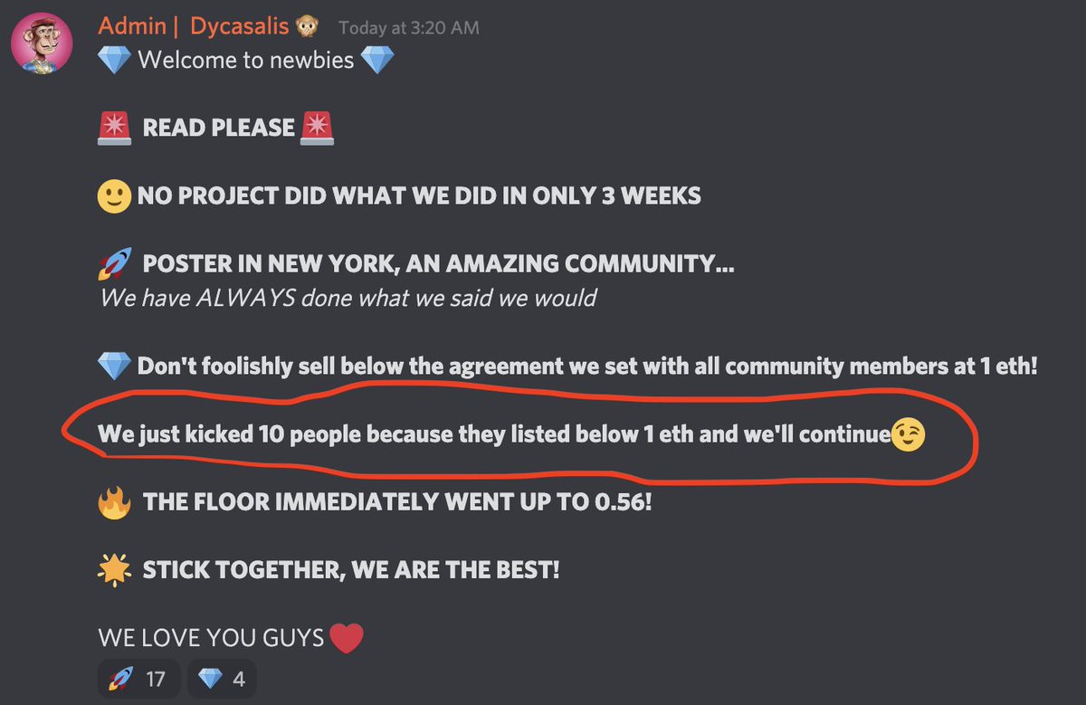 Zeneca's tweet photo. this is one of my most hated things going on in the NFT space right now. @partyapebc kicking people from their discord for listing their NFTs below 1eth.
this is called "building your NFT project on a house of sand"
very reminiscent of a shitcoin telegram chat tbh https://t.co/sTkgv00Vf1