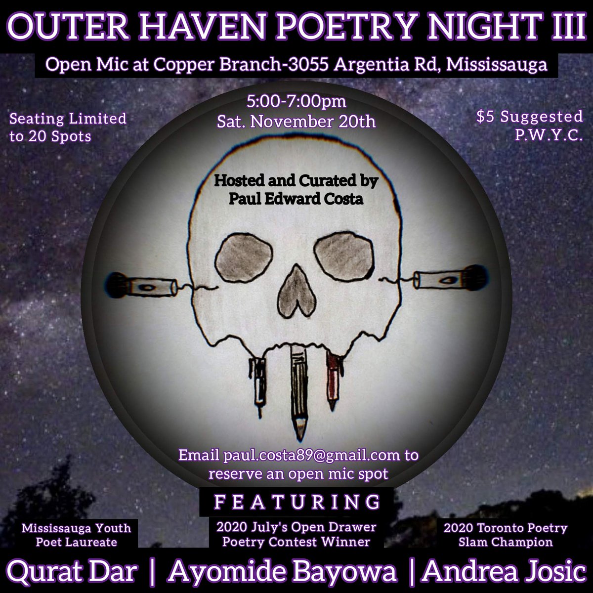 paul_e_costa's tweet photo. The Outer Haven Poetry Night is back in-person! Join us on Saturday, November 20th from 5-7pm at @copperbranch Argentia in Mississauga (3055 Argentia Road) for 3 featured poets and an open mic!

FB Event Page: https://t.co/VSCmPR2r89
#copperbranch #openmic #poetry #poetryreading https://t.co/kdfS81nBk6