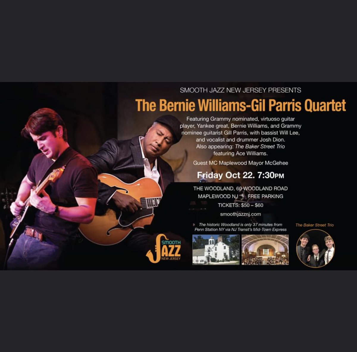 bw51official's tweet photo. In the area and haven’t made your Friday plans yet?  Head to the Great Hall at the Woodland in Maplewood, NJ for the Bernie Williams- Gil Parris Quartet, rounded out with legendary bassist Will Lee and drummer and vocalist Josh Dion. Tickets available at: https://t.co/JEKcuIkZUq https://t.co/hG7UMCh8Ig