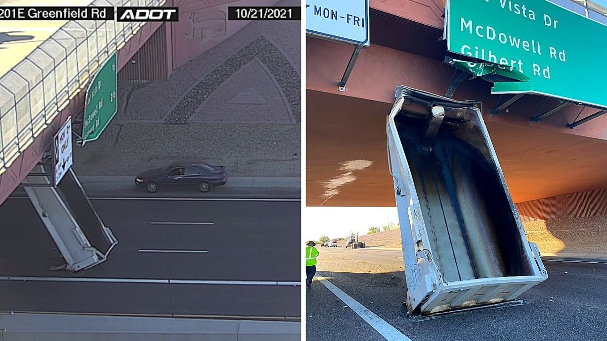 EricZott's tweet image. Oops! Semi-truck shears off it's bed on overpass in Mesa.
bit.ly/3G92NAi